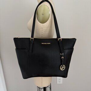 Michael Kors Jet Set Black Large Saffiano Leather Top-Zip Tote Bag